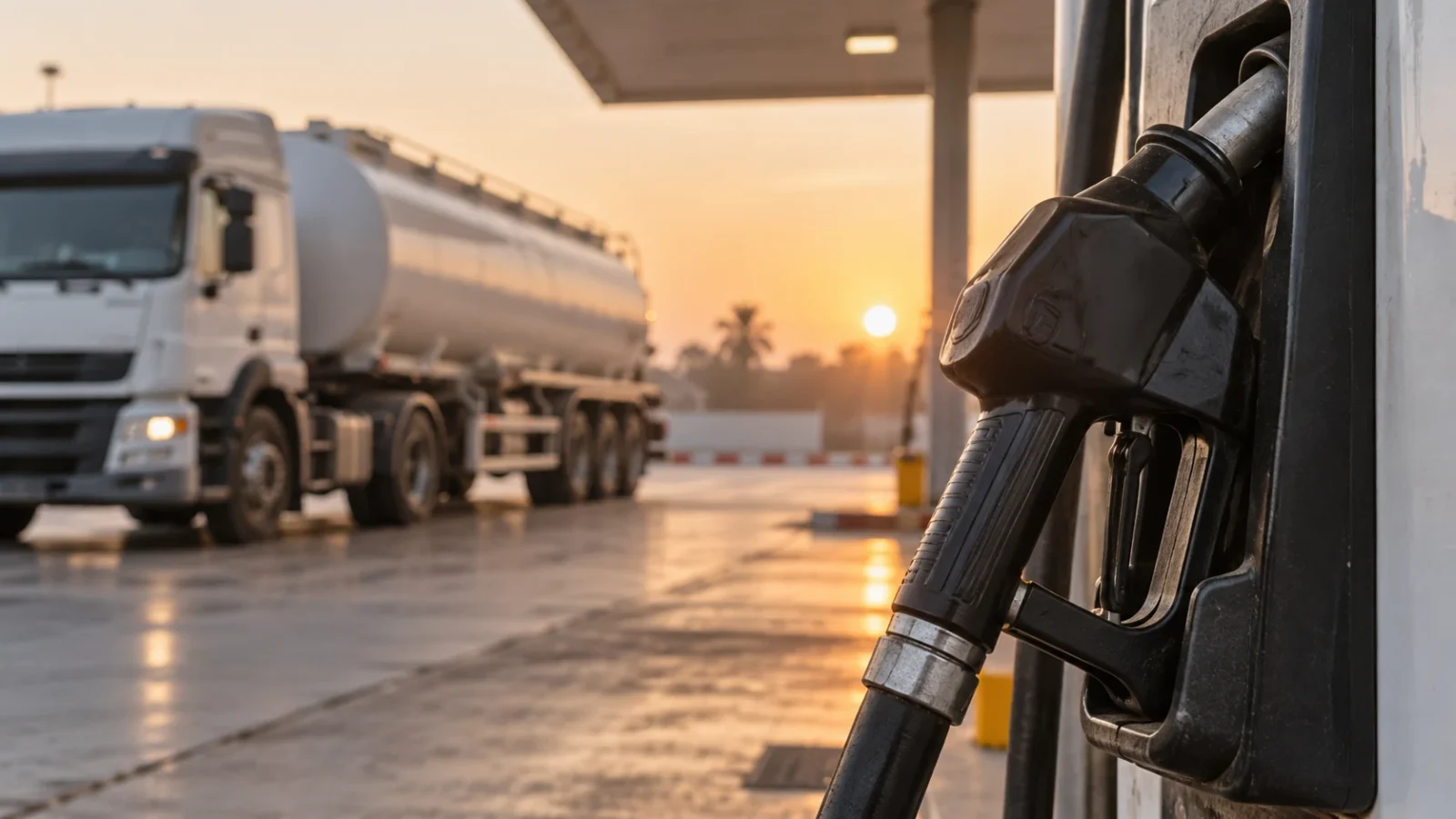 Illustration générée par IA : une pompe à carburant et un camion-citerne anonymes