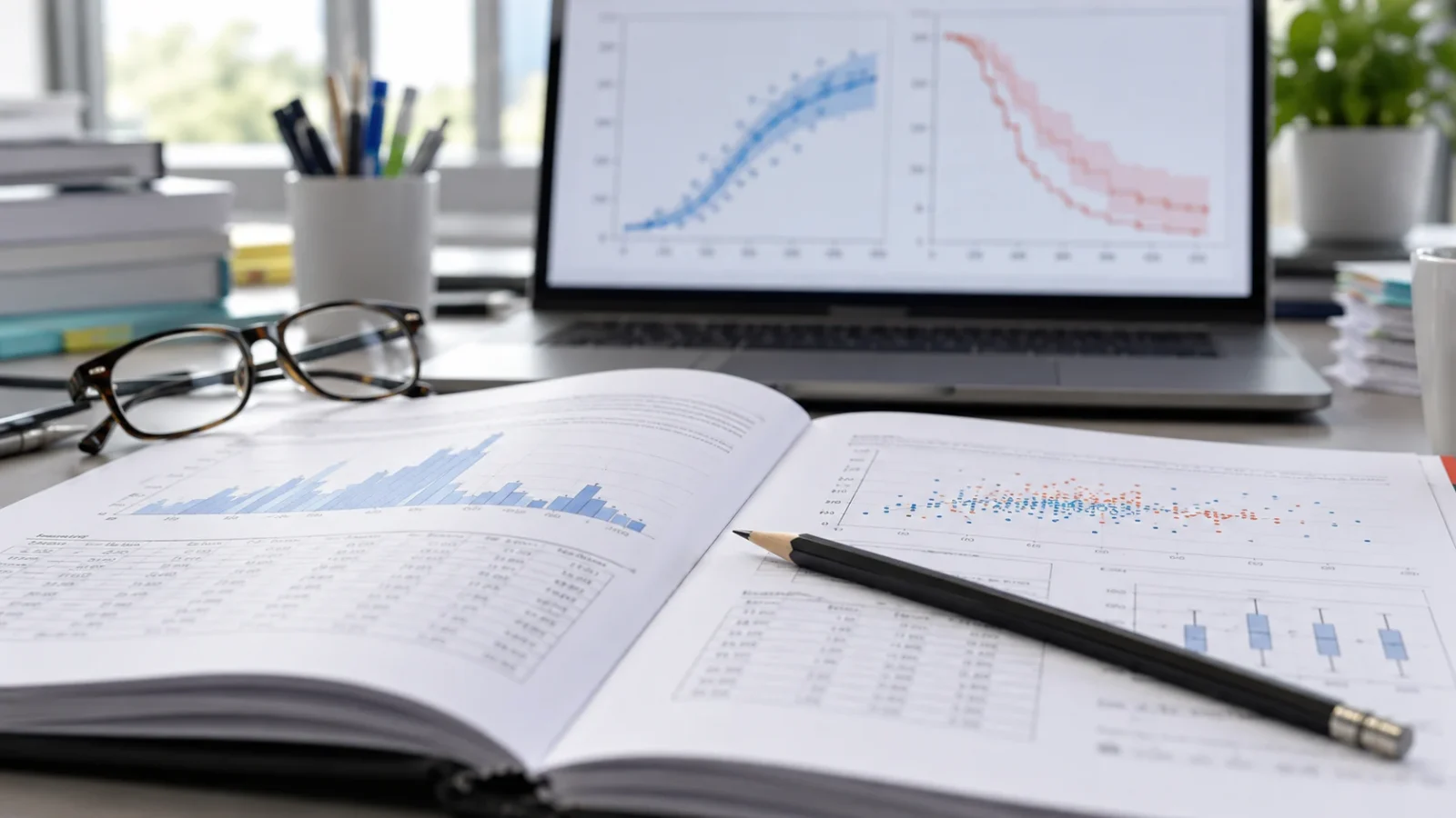 Illustration générée par IA : des documents statistiques sur un bureau de recherche