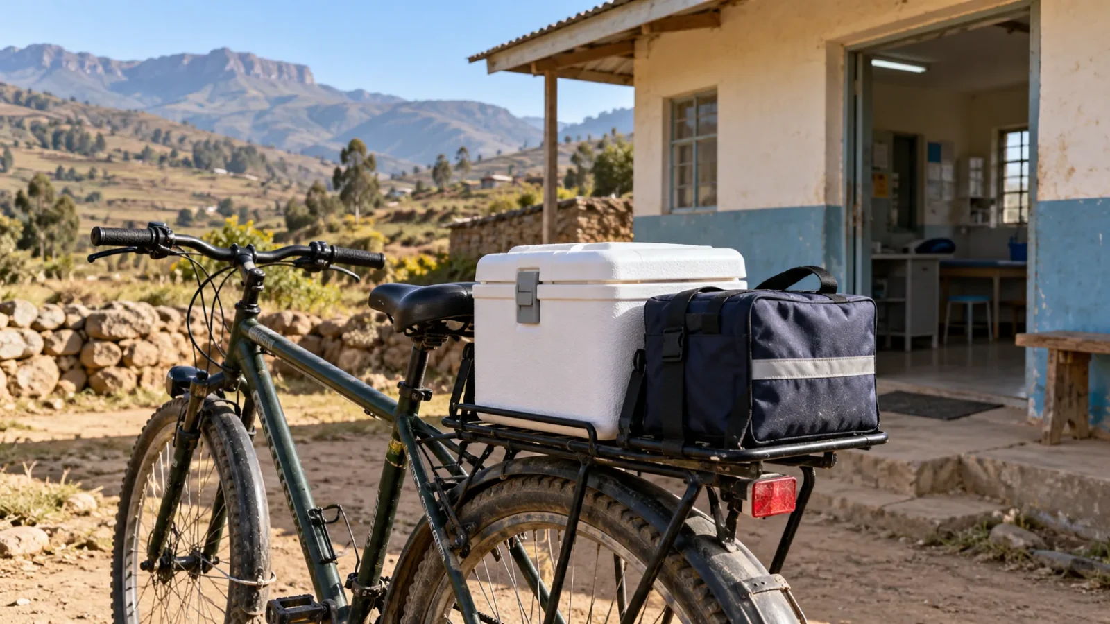 Illustration générée par IA : une glacière médicale sur un vélo devant un dispensaire fictif