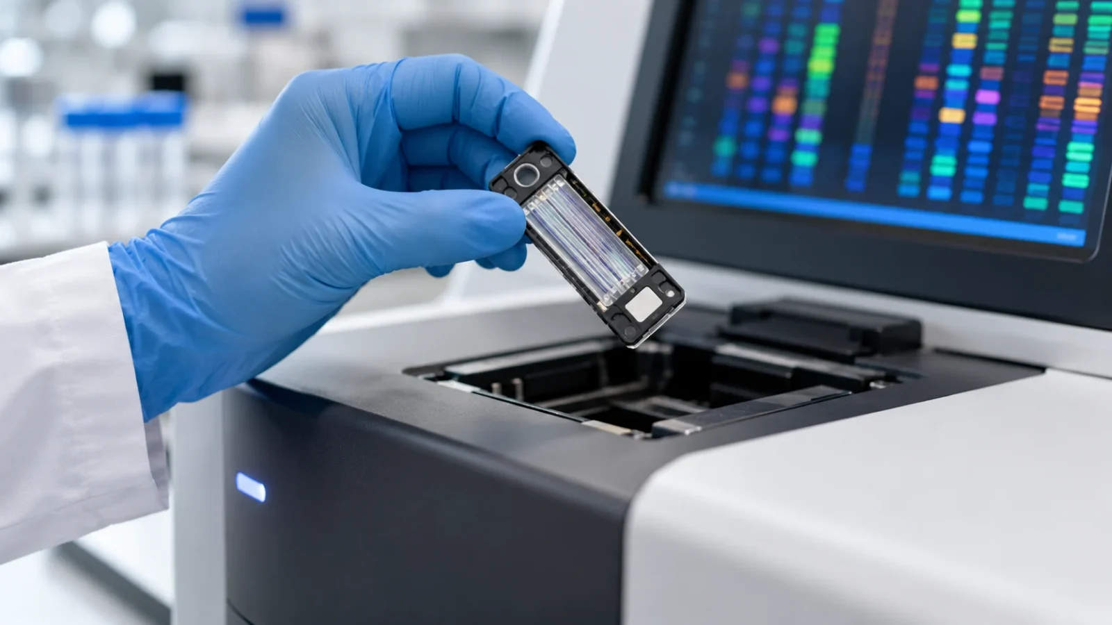 Illustration générée par IA : une main gantée tenant une cartouche de séquençage dans un laboratoire fictif