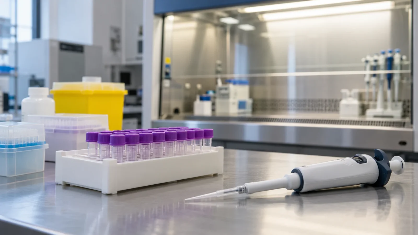 Illustration générée par IA : des tubes anonymes dans un laboratoire fictif