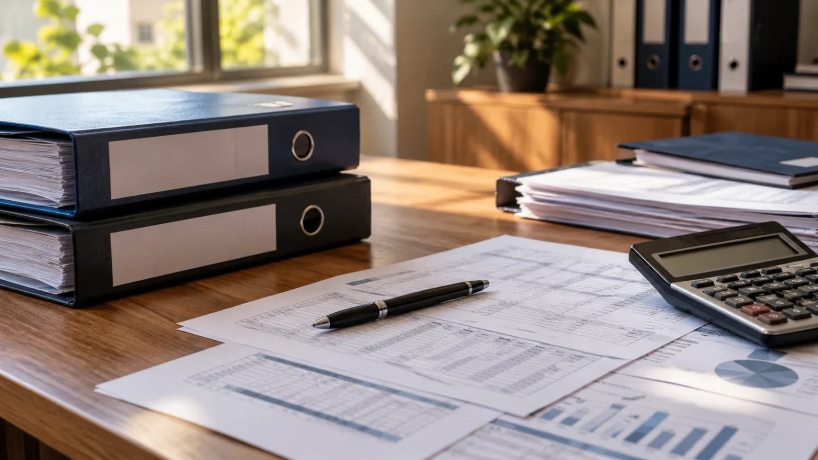 Illustration générée par IA : des dossiers comptables et une calculatrice sur un bureau administratif