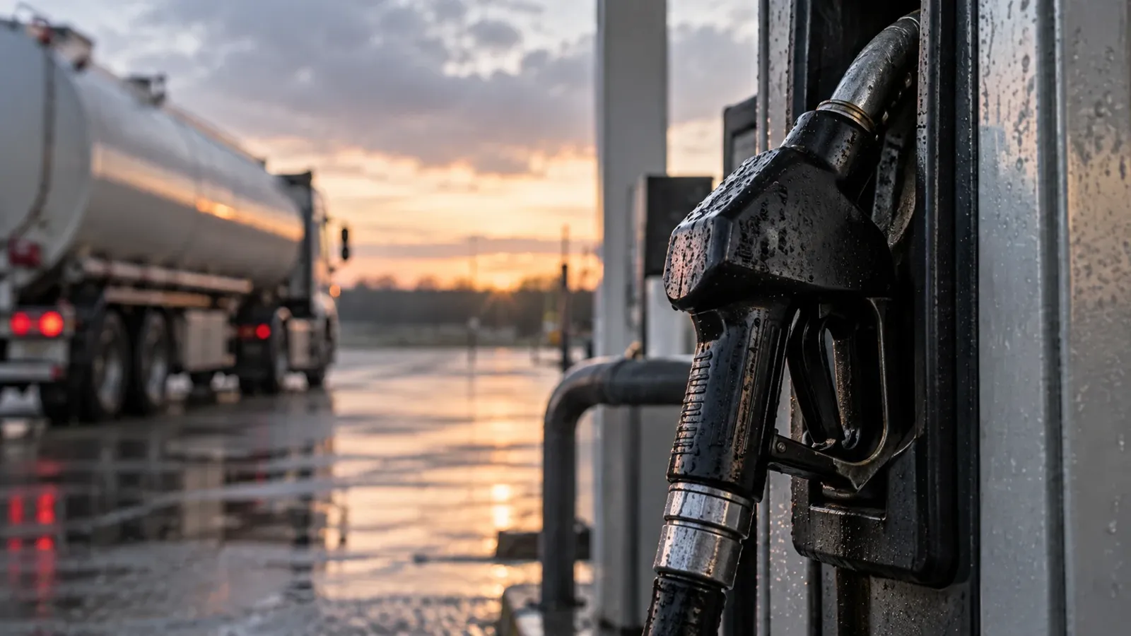 Illustration générée par IA : un pistolet diesel dans une station-service anonyme