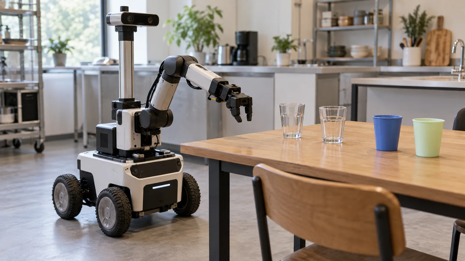 Illustration générée par IA : un robot de service fictif observant des gobelets