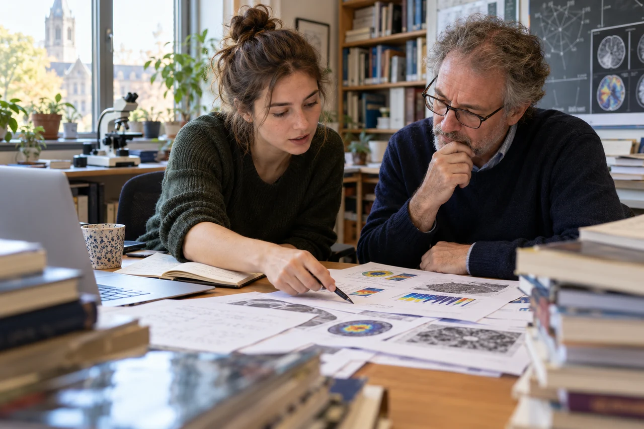Illustration générée par IA : deux chercheurs fictifs étudiant des graphiques