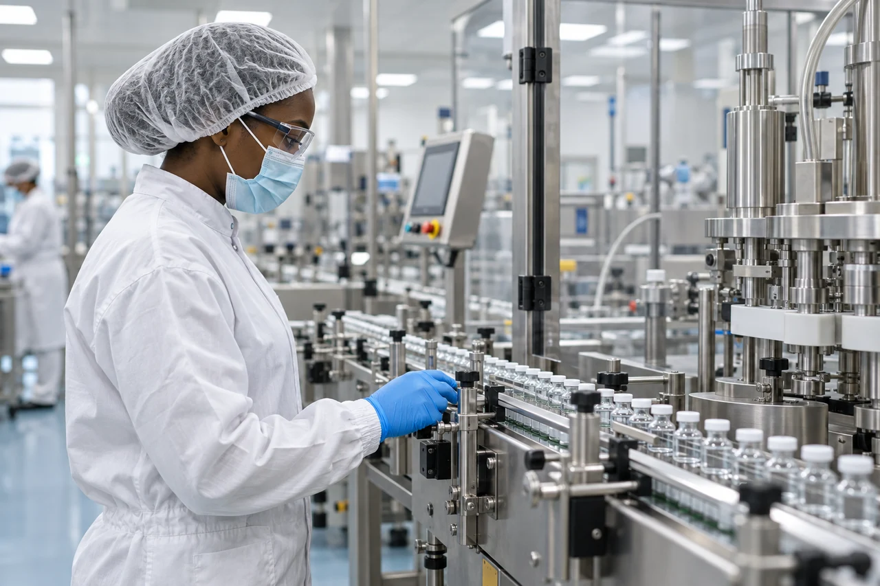 Illustration générée par IA : une technicienne dans un atelier pharmaceutique fictif