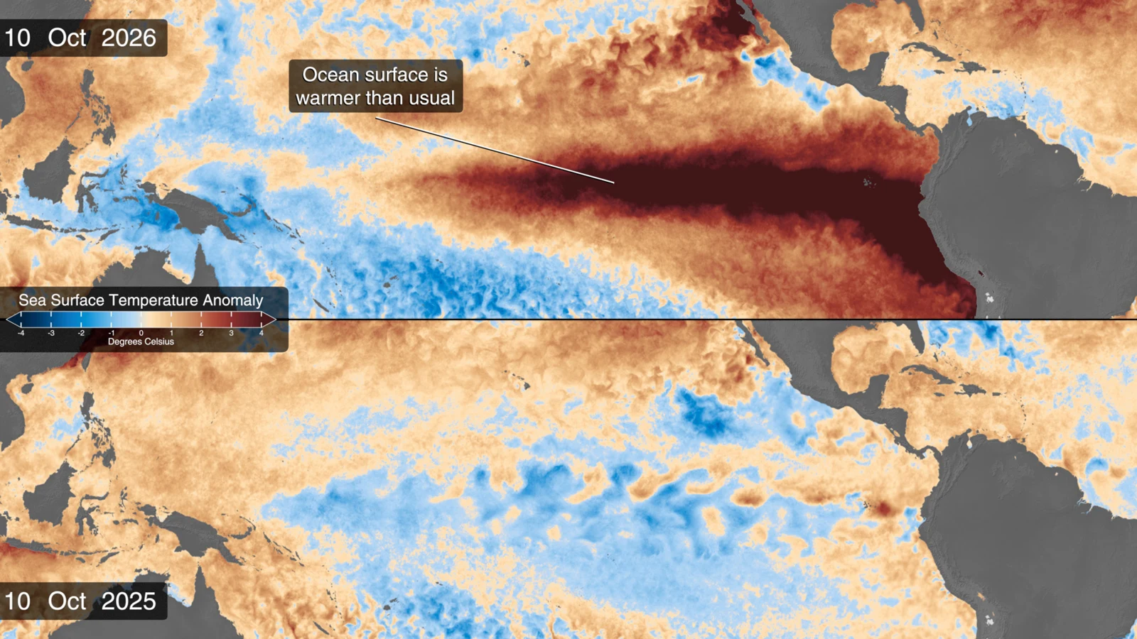 Anomalies de température de surface du Pacifique au 10 octobre : 2026 en haut, 2025 en bas. Visualisation scientifique publiée le 15 octobre 2026.