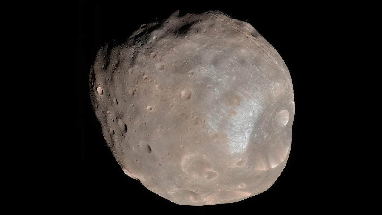 La lune martienne Phobos et son grand cratère Stickney sur un fond noir.